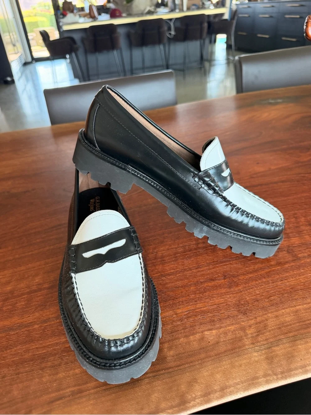Brand new G.H. Bass & Co. Black and White Leather Penny Loafers with Lug Sole